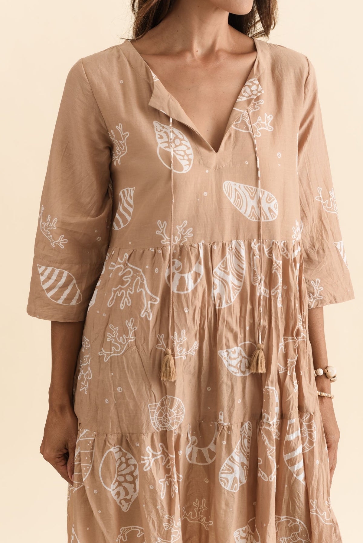 Milana Mocha Seashell Crinkle Cotton Dress Full Length View