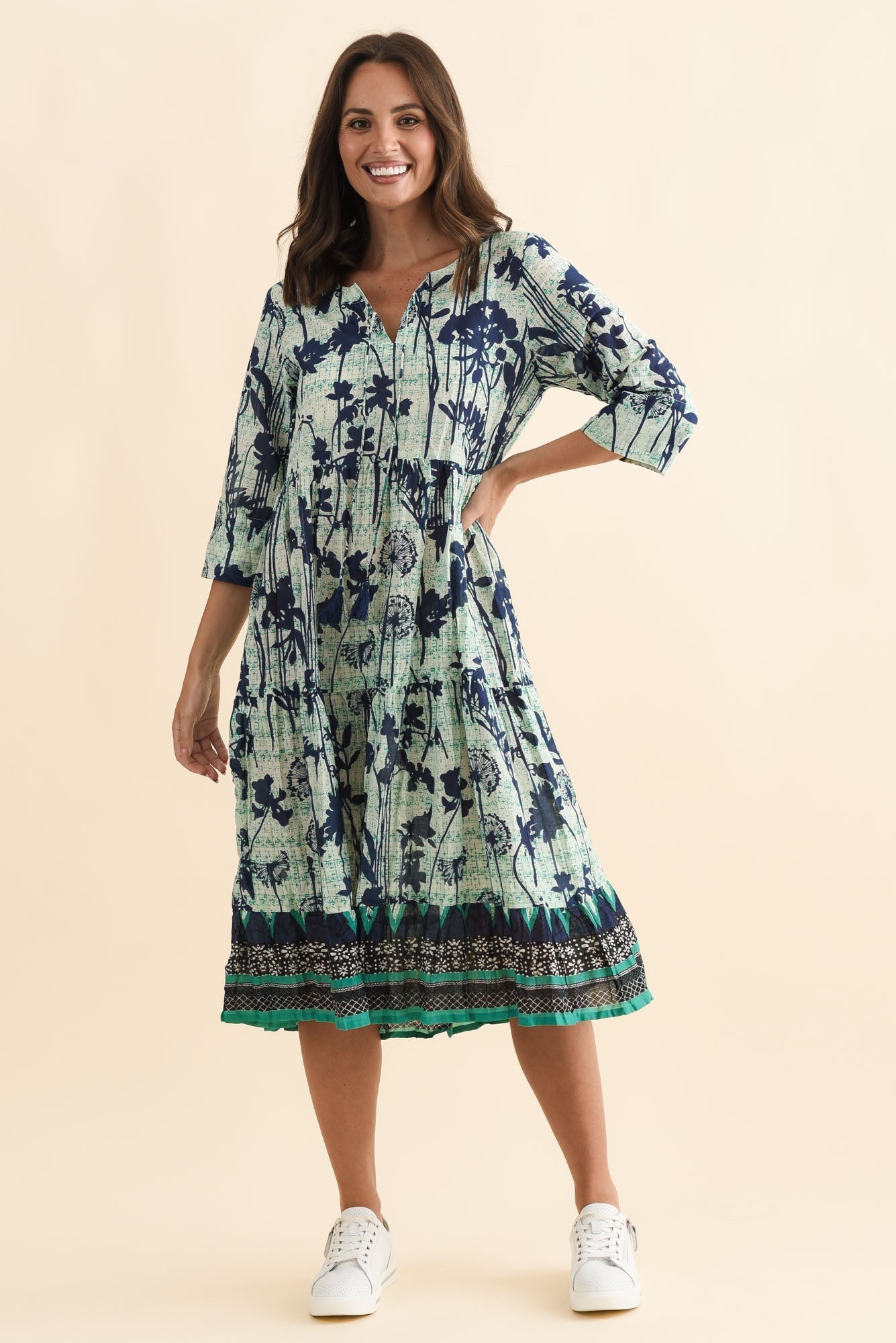 Milana Navy Dandelion Crinkle Cotton Dress Full Length View