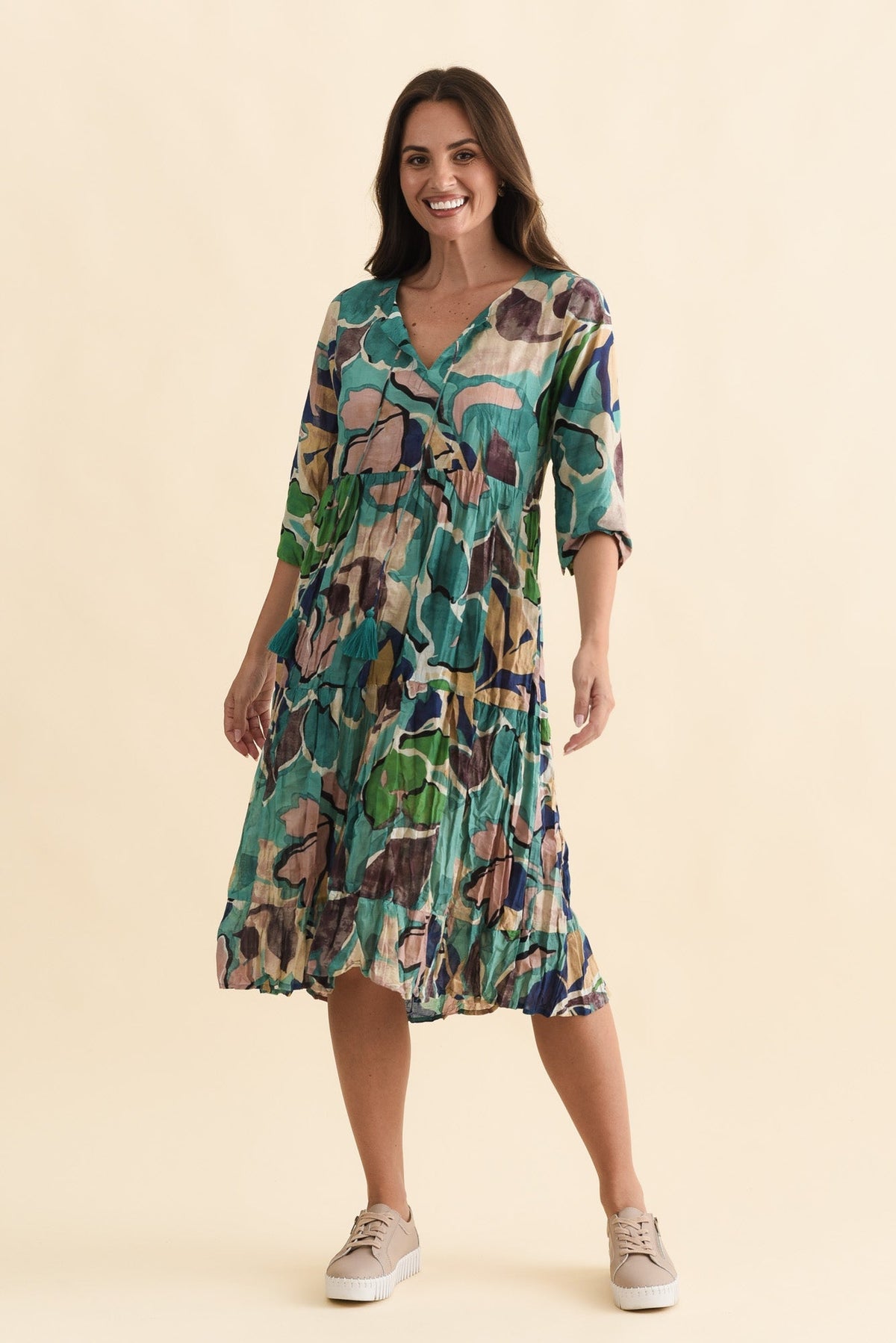 Milana Teal Foliage Crinkle Cotton Dress Full Length View