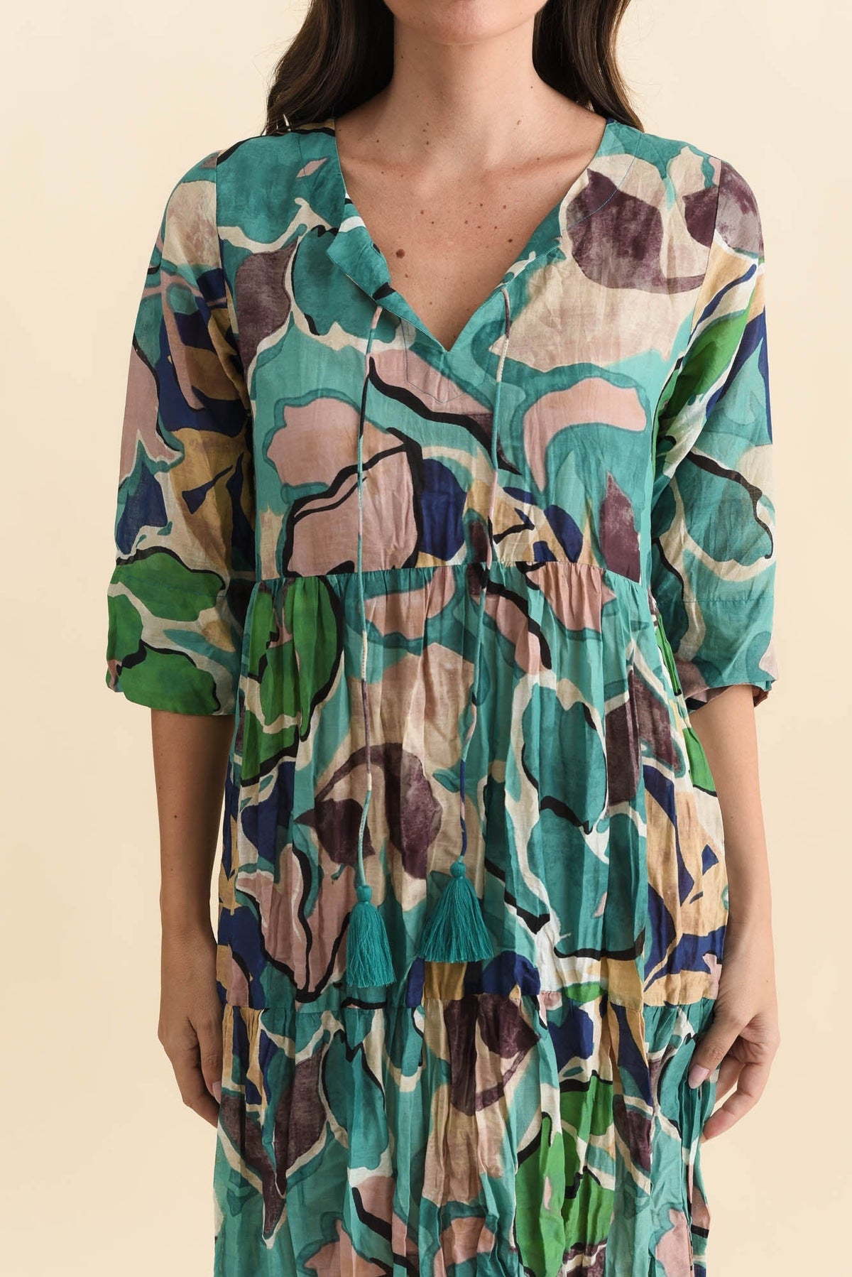 Milana Teal Foliage Crinkle Cotton Dress Detail View