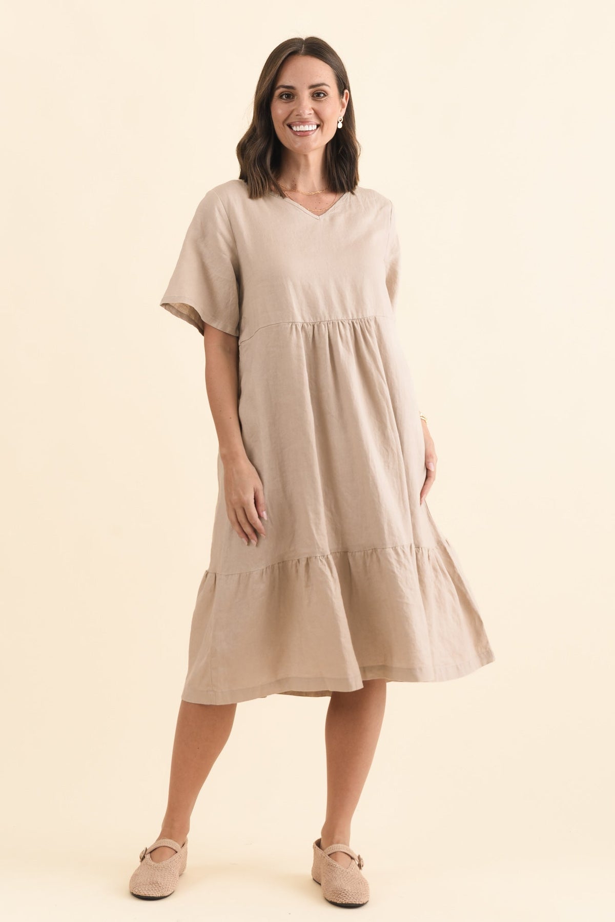 Miller Beige Linen Tiered Dress Front View