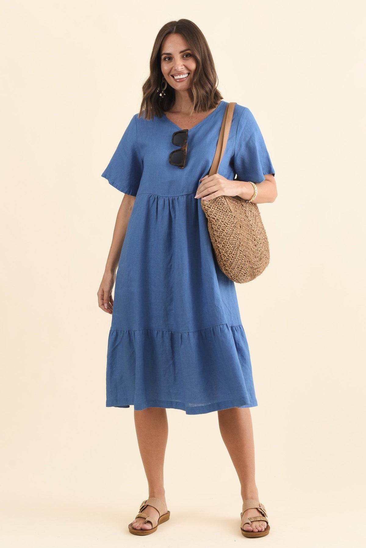 Miller Blue Linen Tiered Dress Front View 2