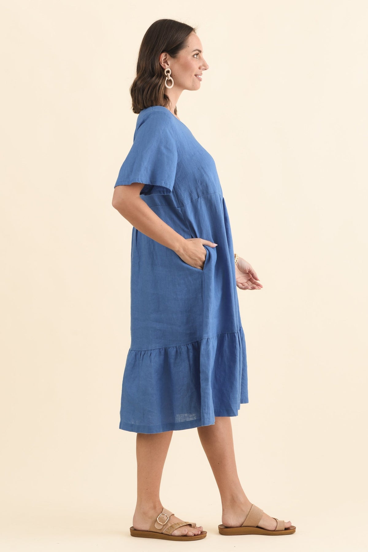 Miller Blue Linen Tiered Dress Back View