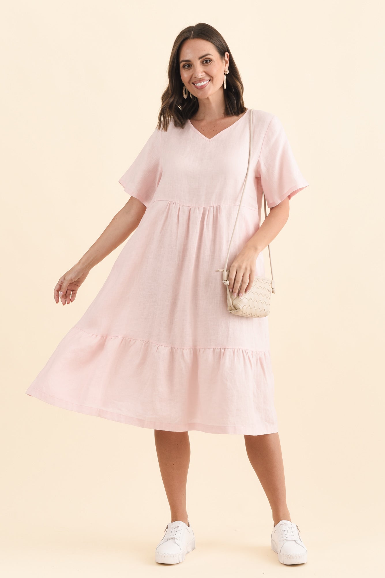 Miller Blush Linen Tiered Dress Front View