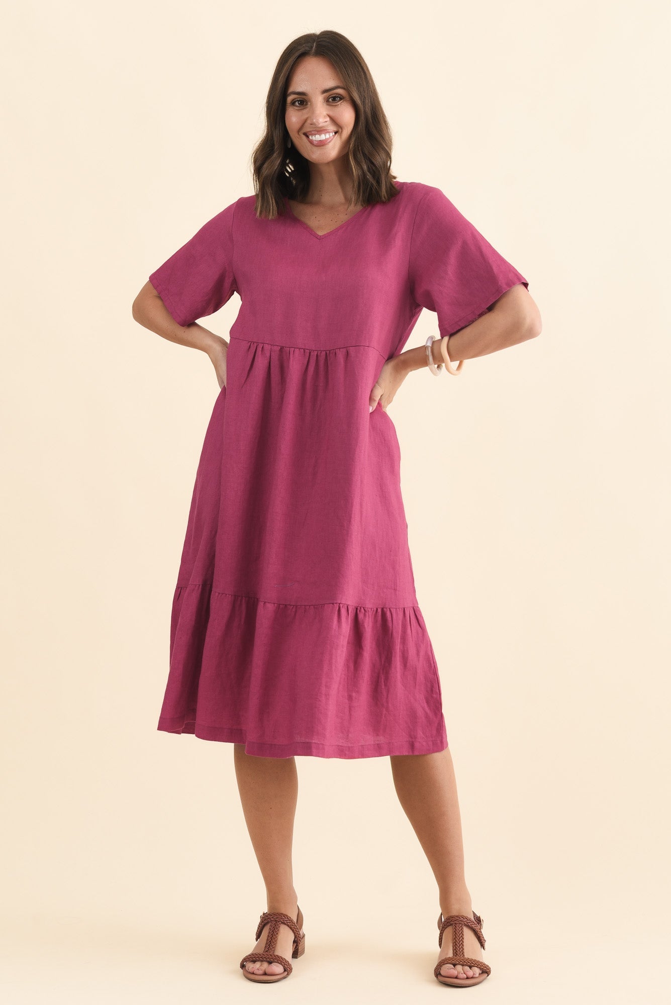 Miller Pink Linen Tiered Dress Front View