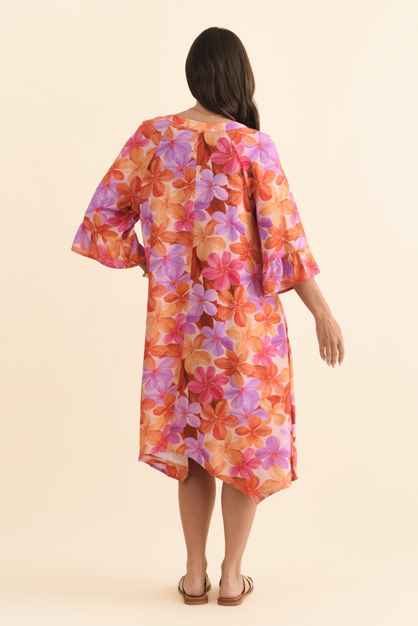 Millicent Orange Garden Linen Cotton Dress Side View
