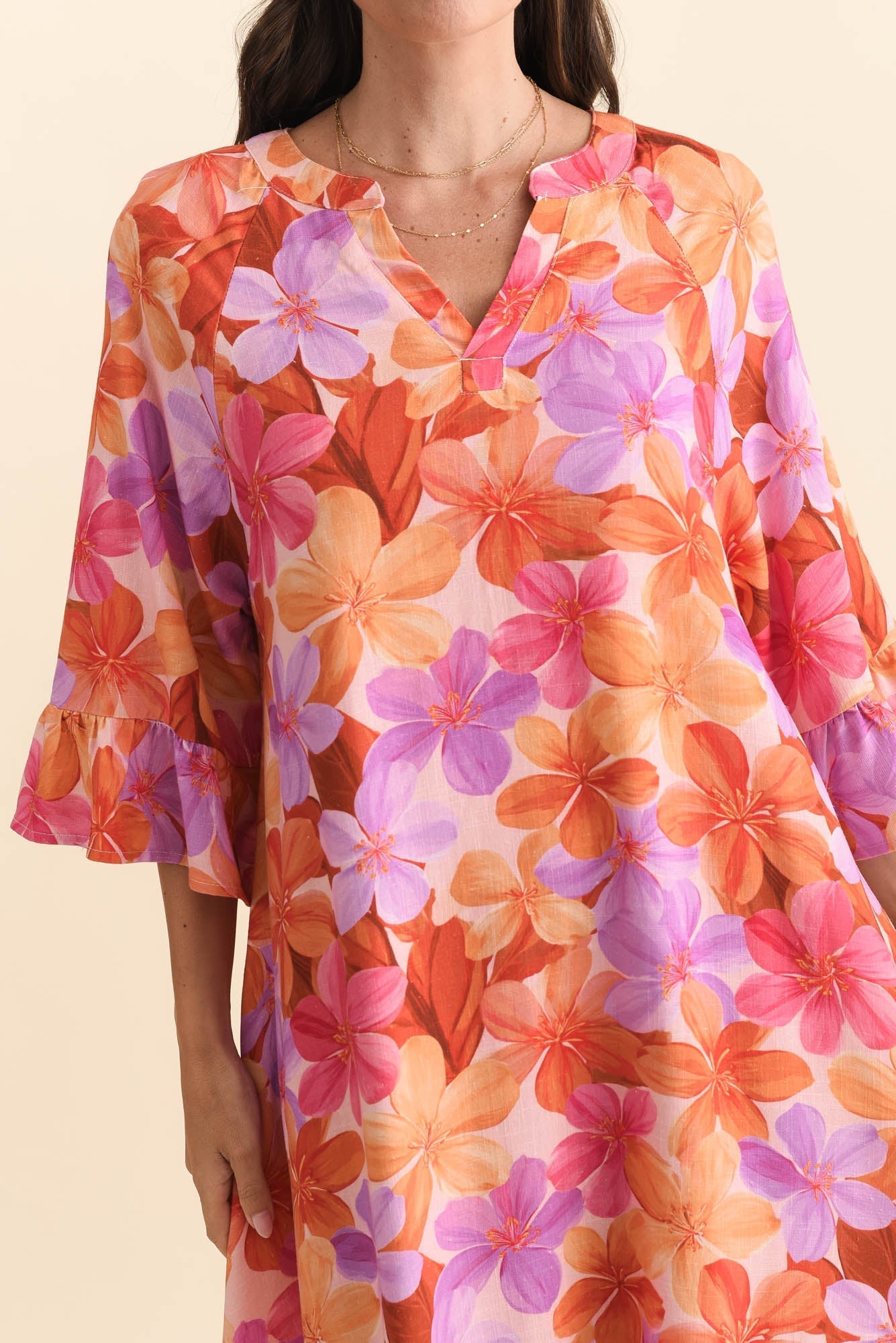 Millicent Orange Garden Linen Cotton Dress Detail View