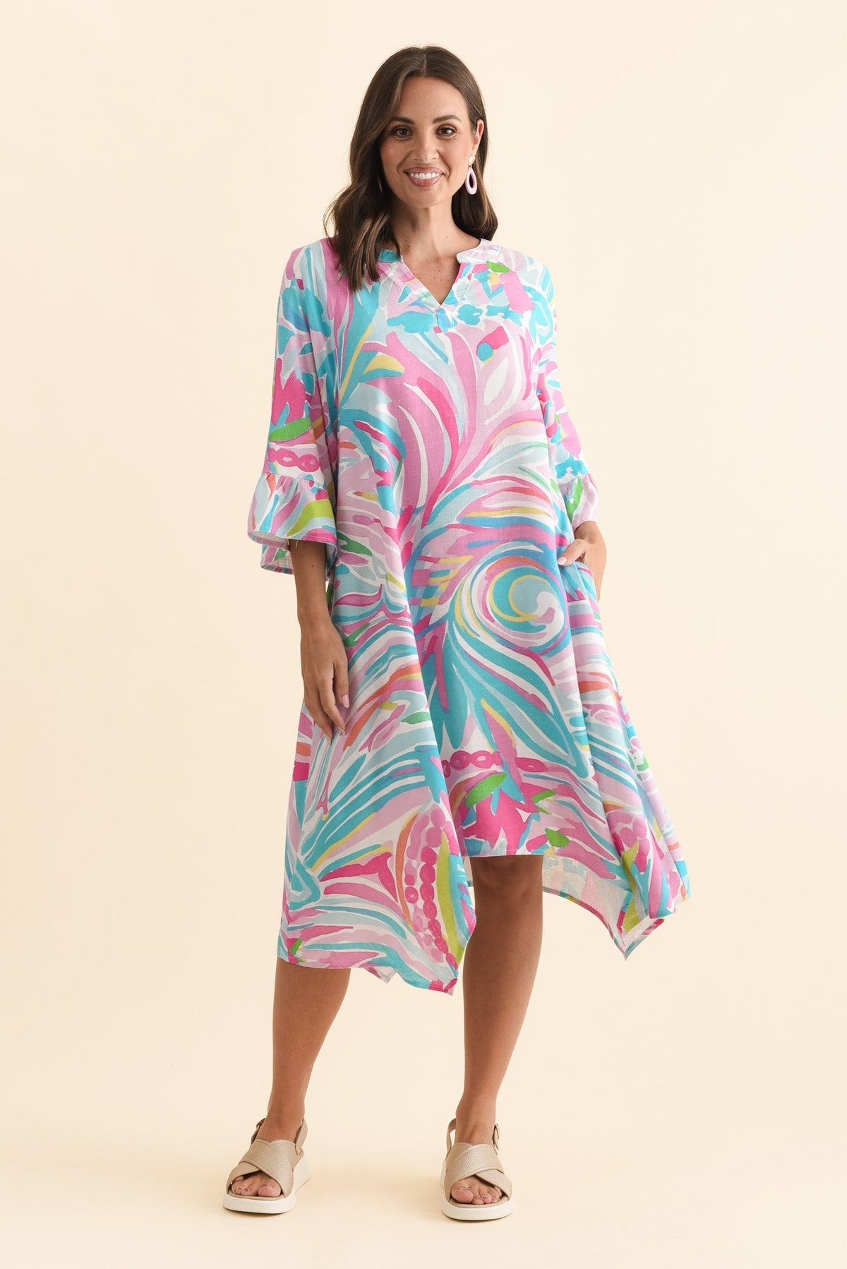 Millicent Pink Swirl Linen Cotton Dress Full Length View