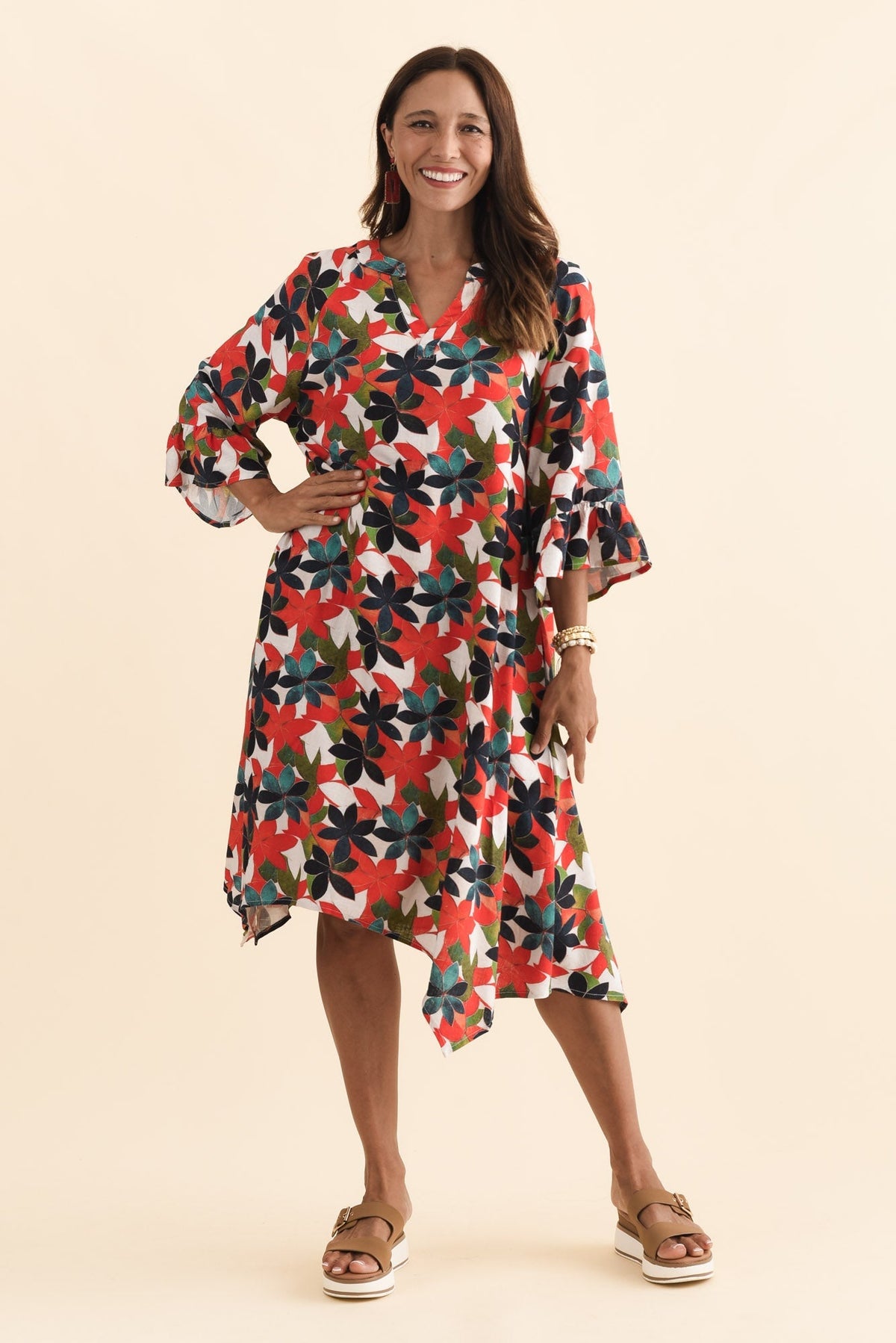 Millicent Red Leaf Linen Cotton Dress Front View
