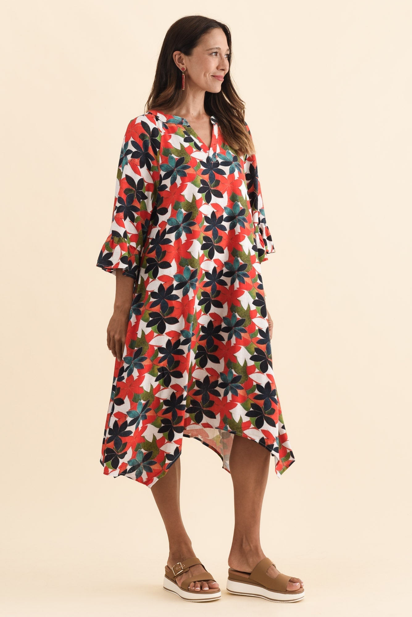 Millicent Red Leaf Linen Cotton Dress Back View