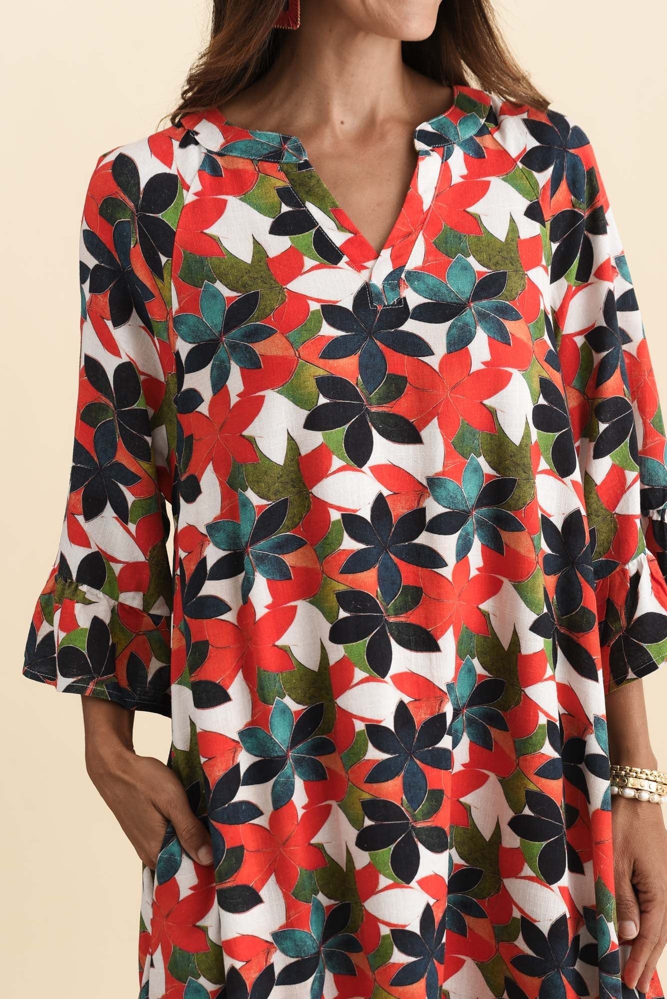 Millicent Red Leaf Linen Cotton Dress Detail View