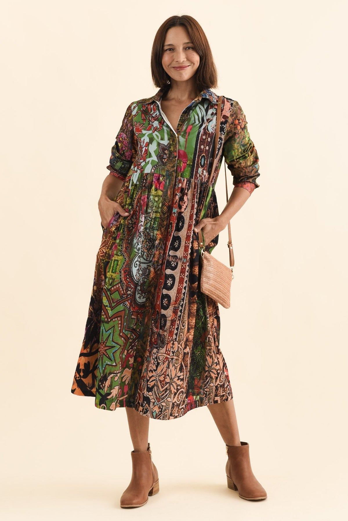 Minara Green Abstract Cotton Shirt Dress Front View 2