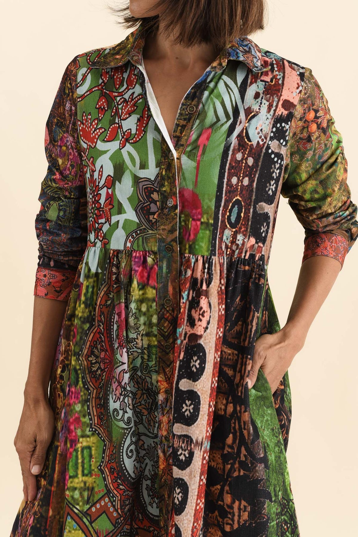 Minara Green Abstract Cotton Shirt Dress Detail View