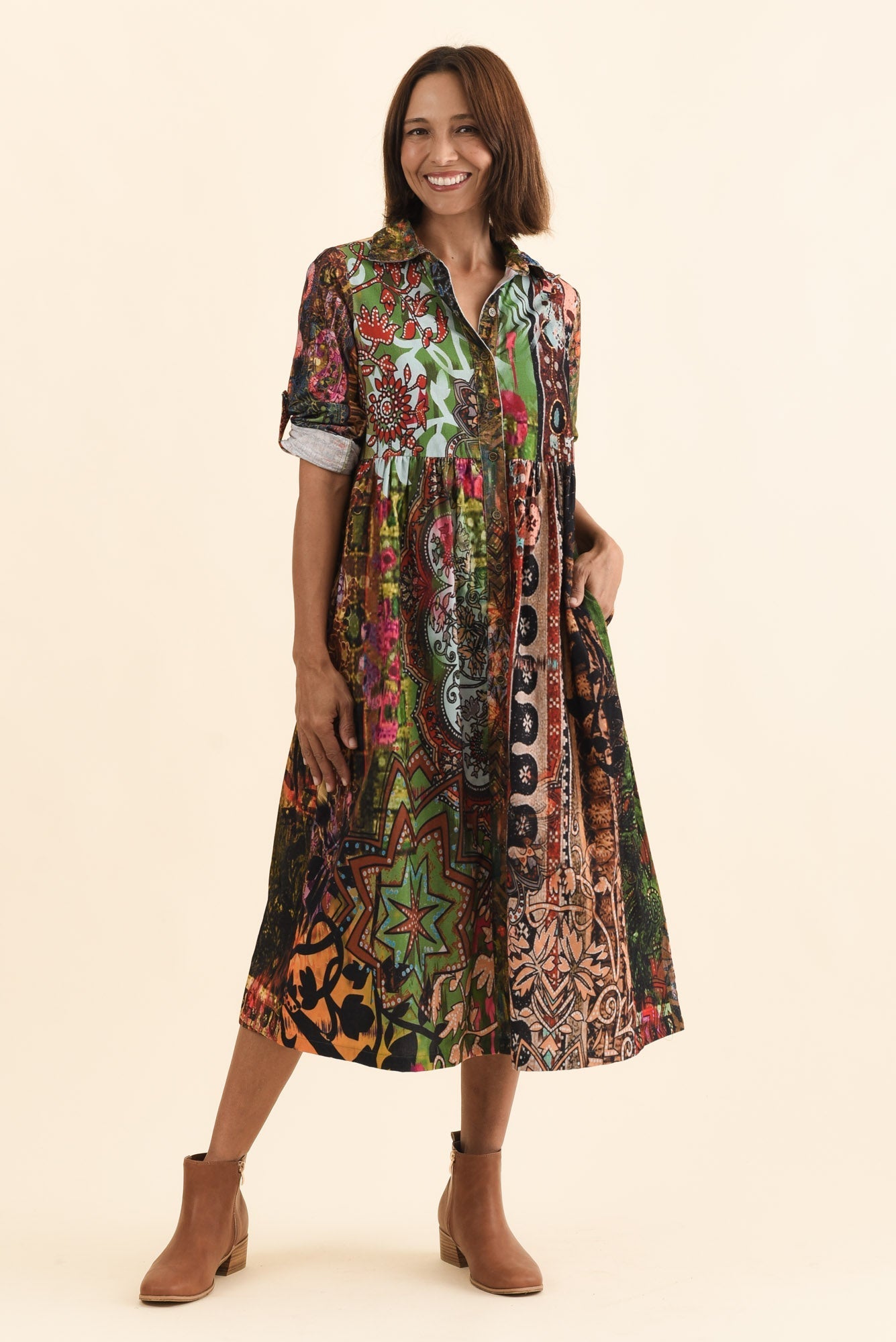 Minara Green Abstract Cotton Shirt Dress Front View