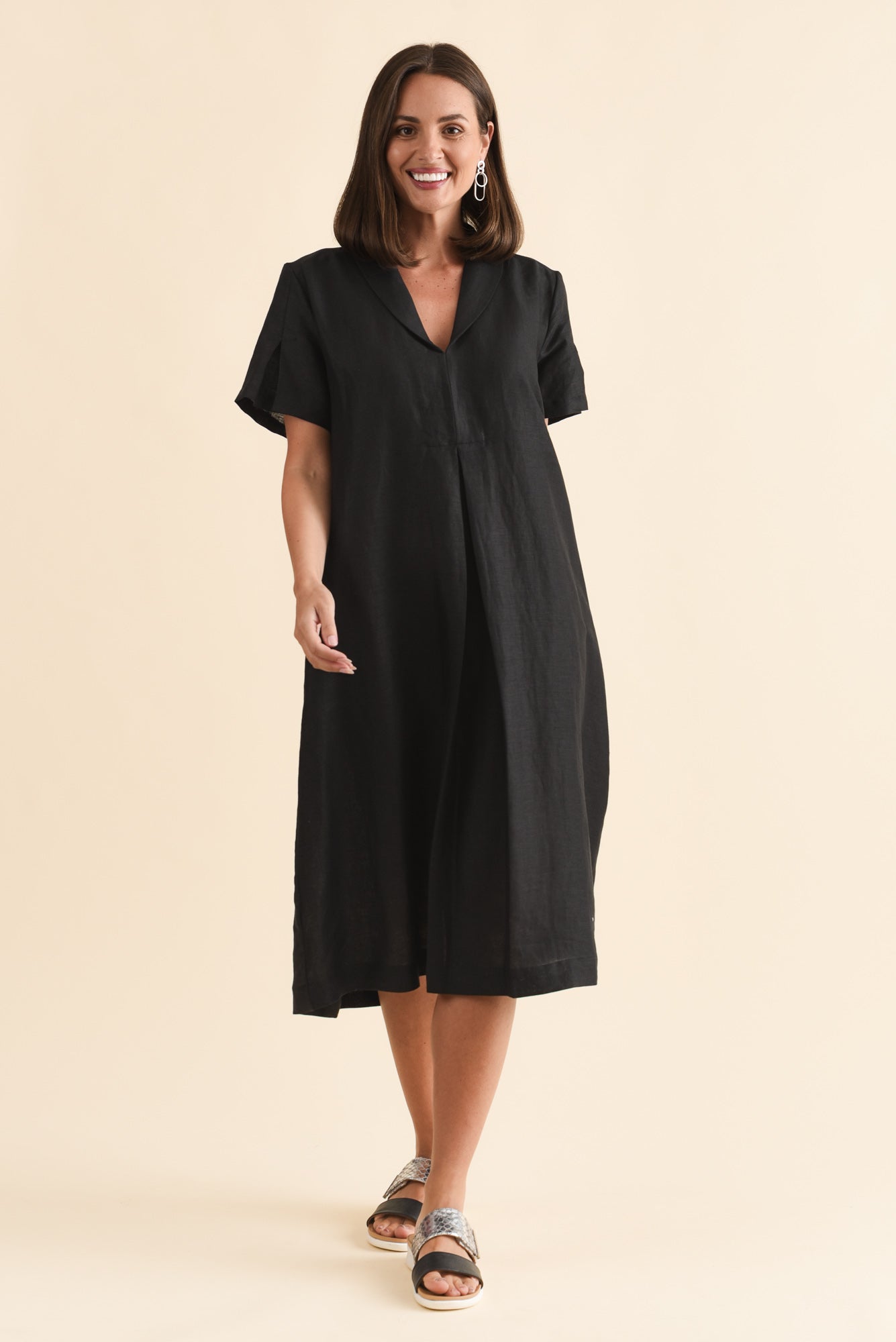 Miranda Black Linen Collared Dress Front View