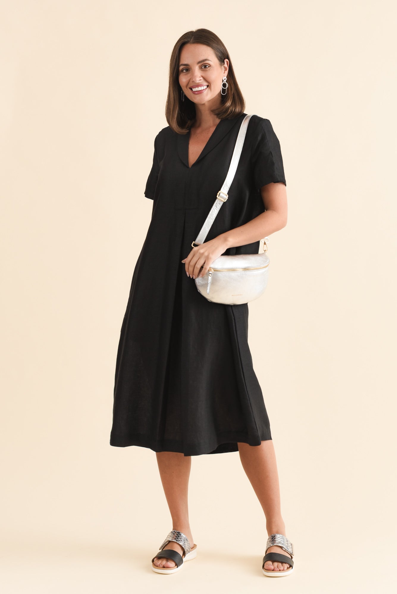 Miranda Black Linen Collared Dress Front View 2