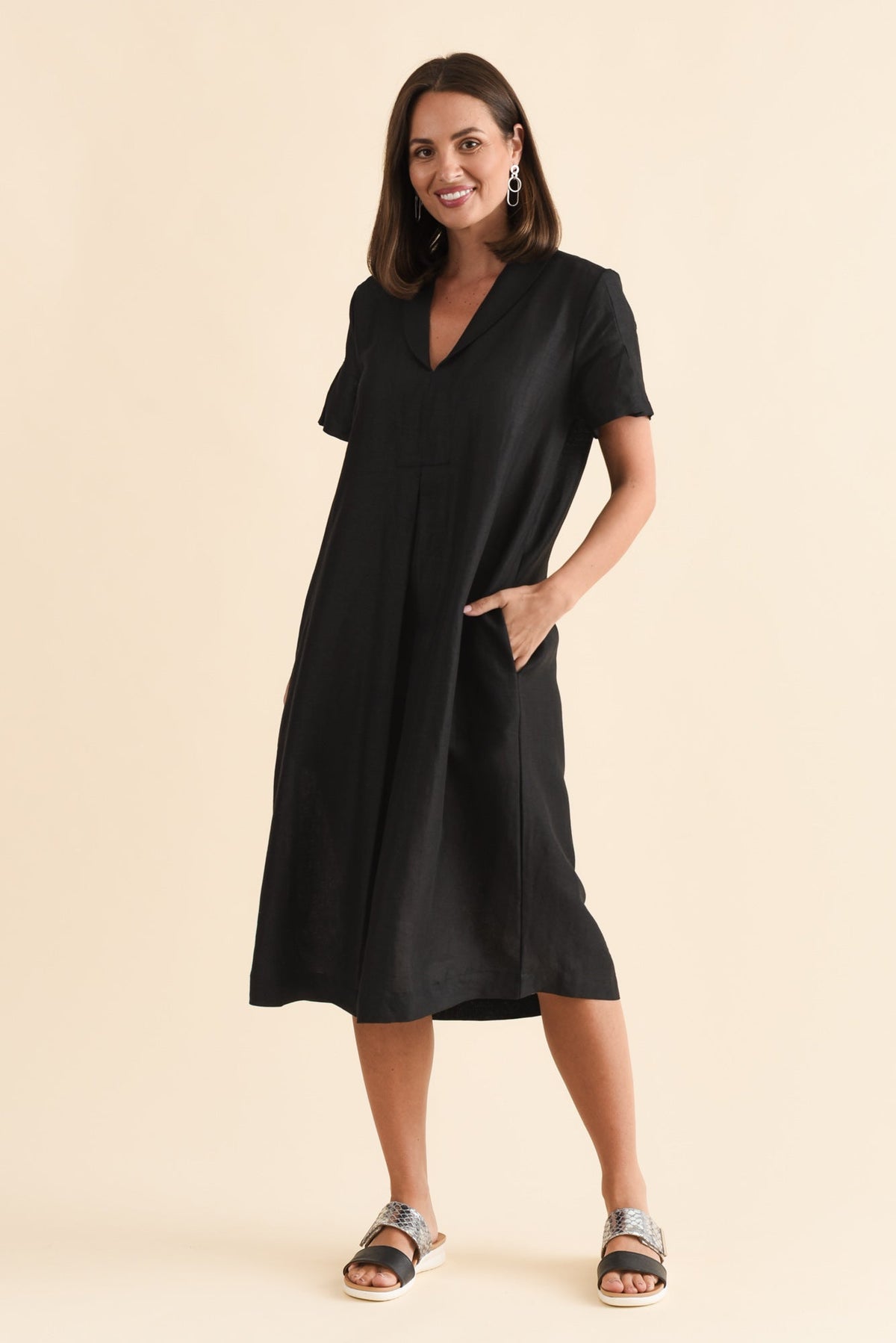 Miranda Black Linen Collared Dress Full Length View