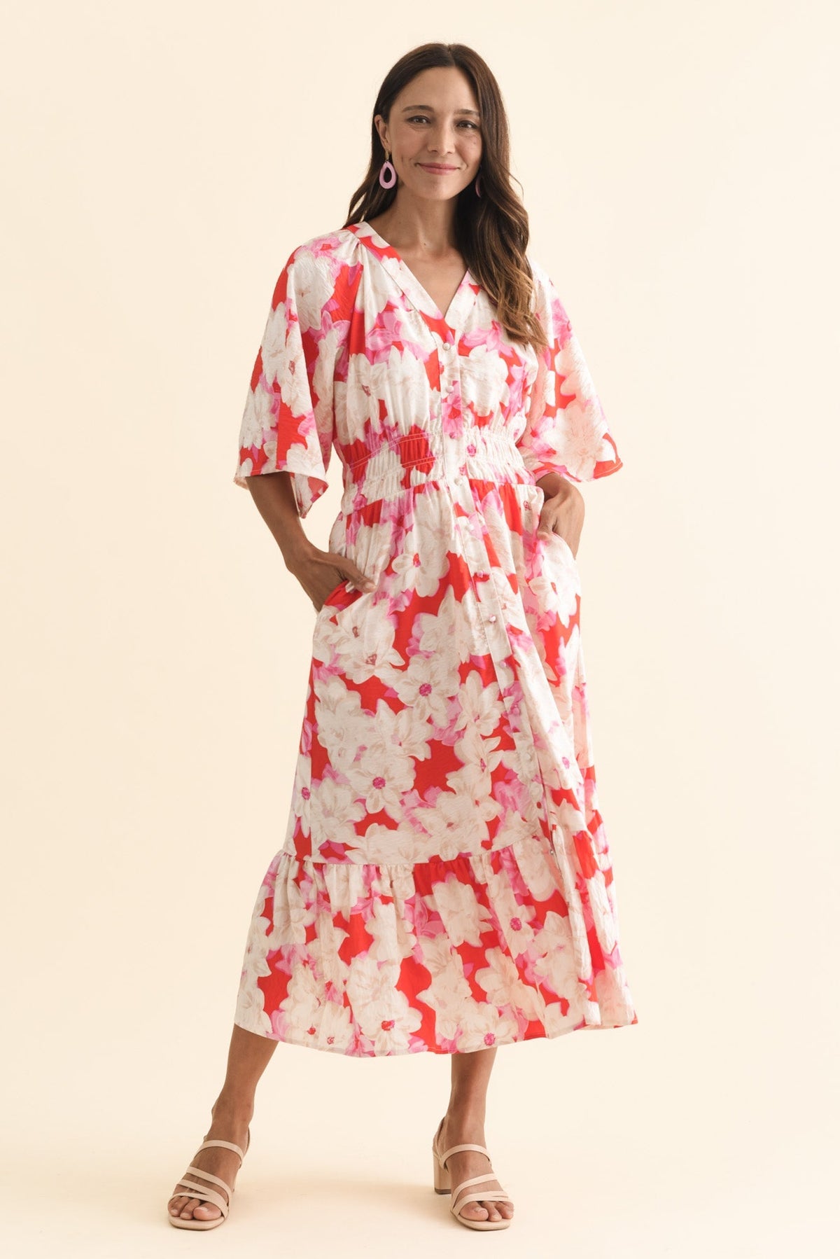 Moxie Red Floral Button Dress Front View
