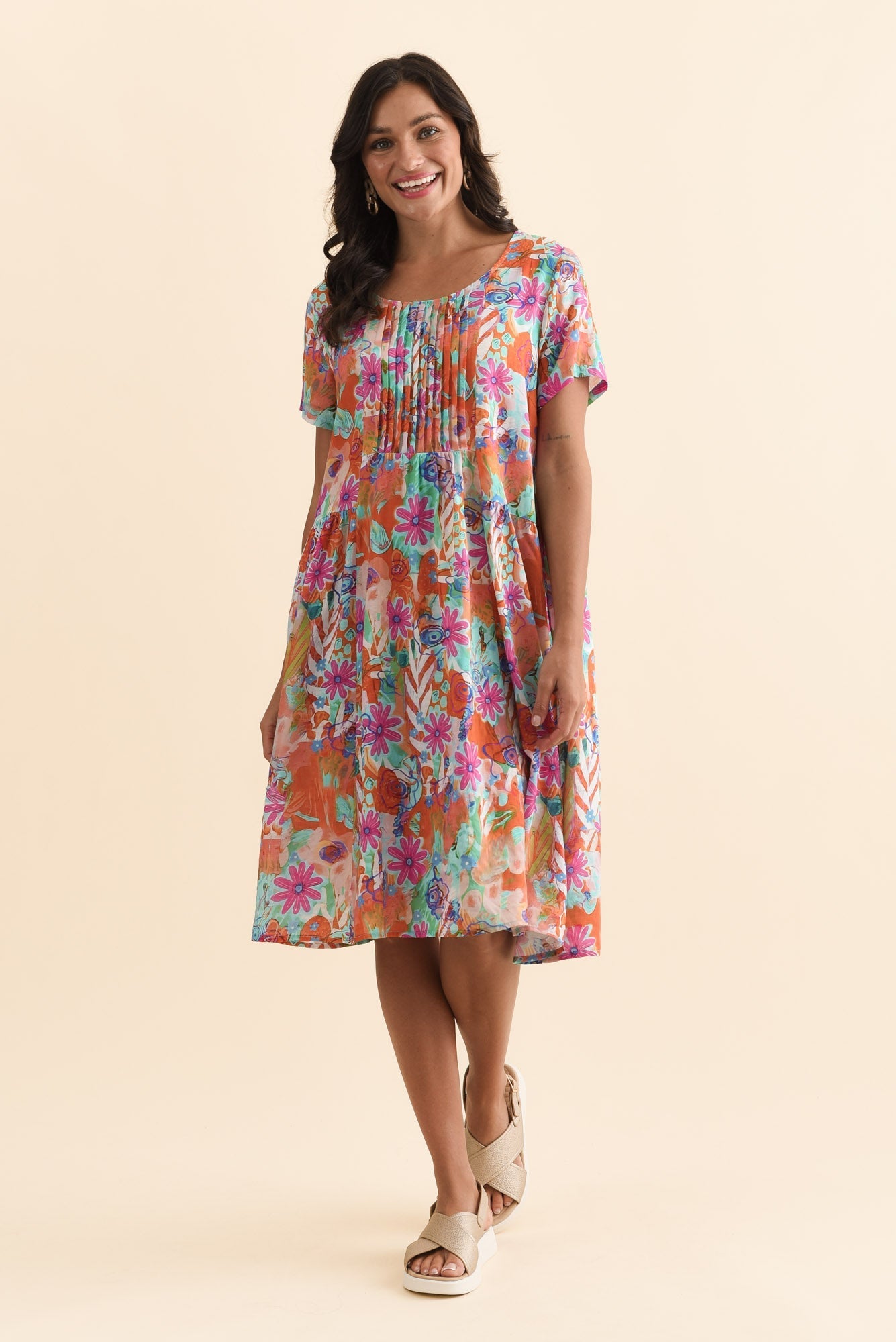 Murano Orange Garden Cotton Dress Front View 2