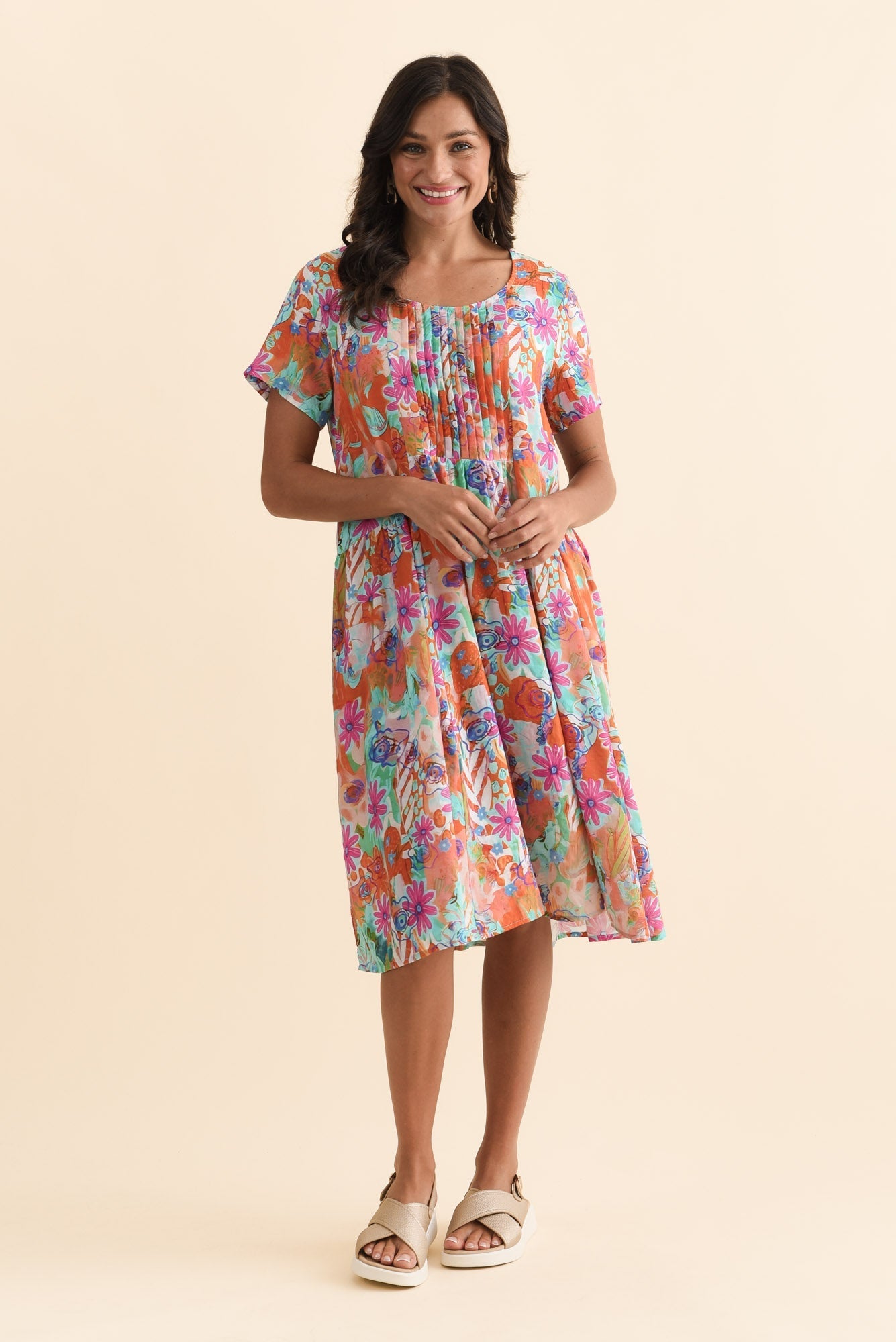 Murano Orange Garden Cotton Dress Full Length View