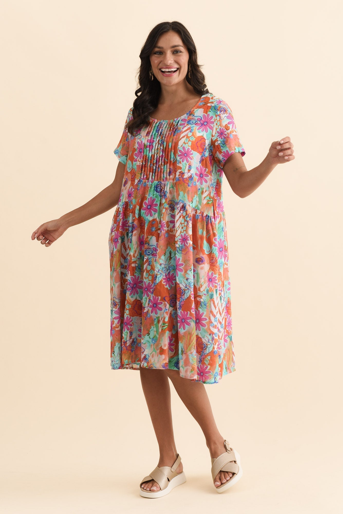 Murano Orange Garden Cotton Dress Front View