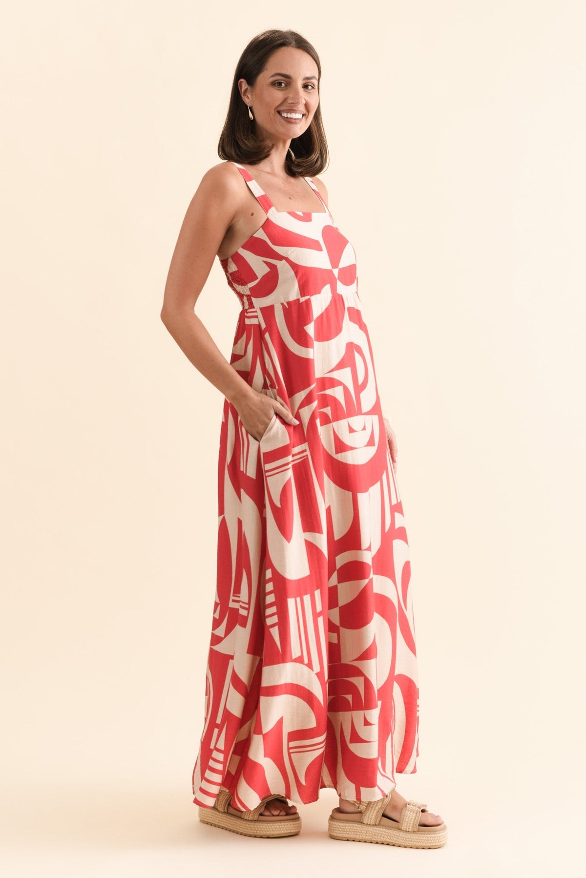 Mykonos Red Abstract Linen Cotton Dress Back View