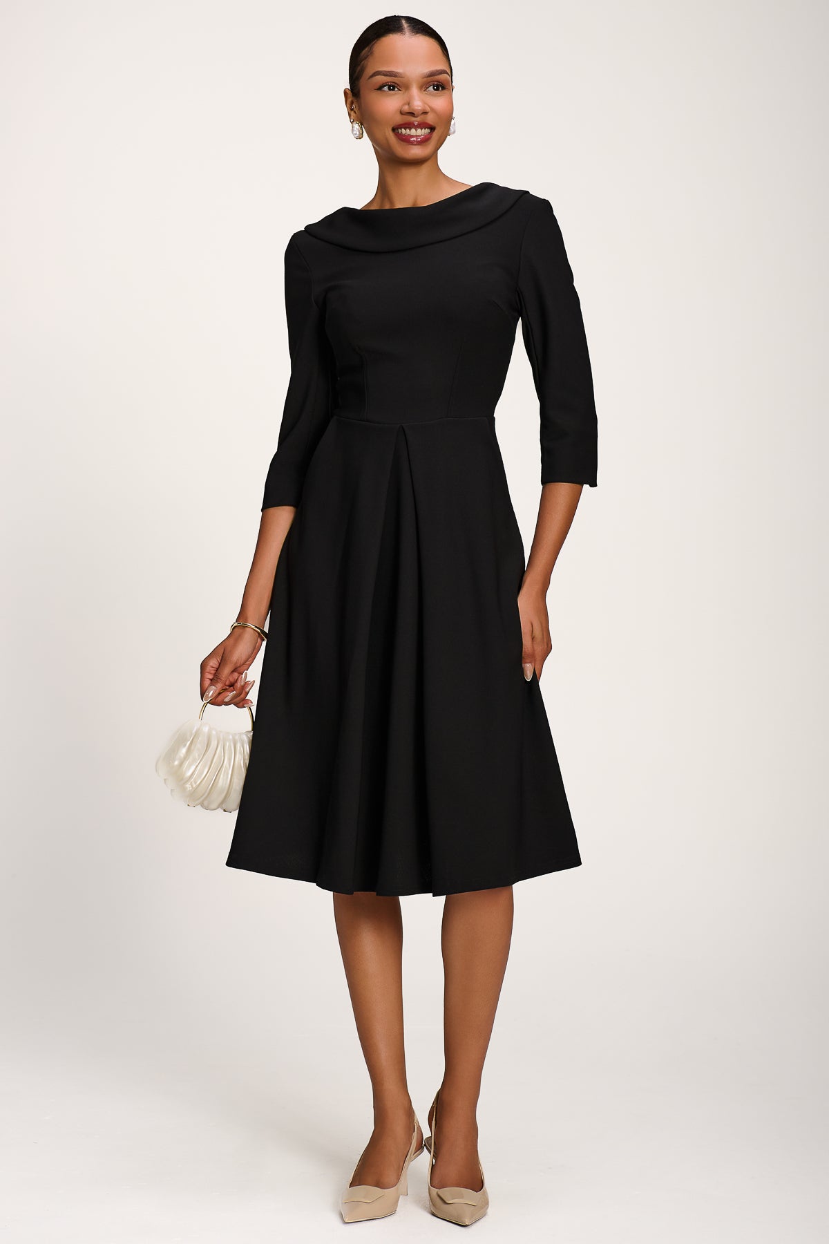 Roll Neck ¾ Sleeve Midi Dress, Black Front View