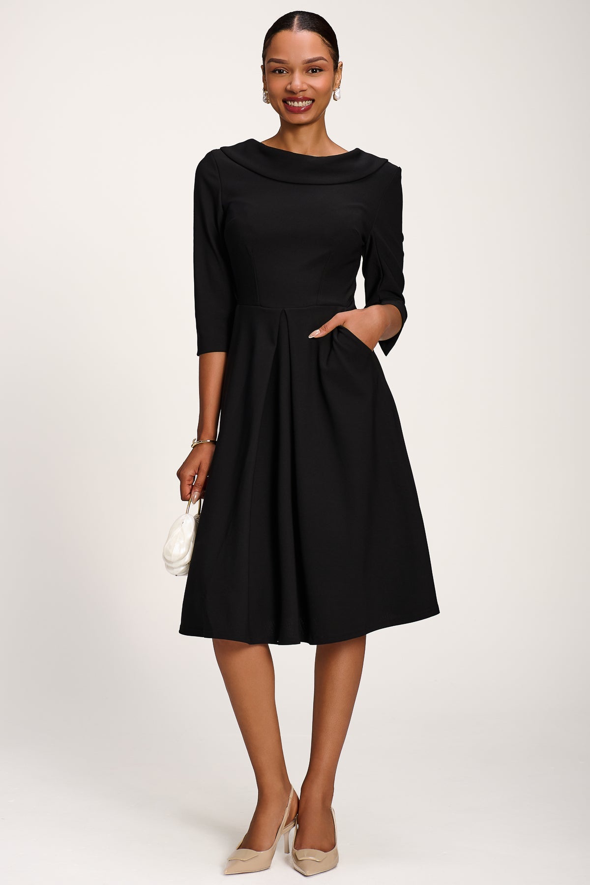 Roll Neck ¾ Sleeve Midi Dress, Black Styled View