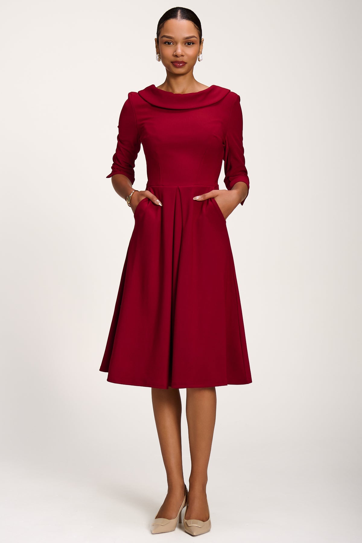Roll Neck ¾ Sleeve Midi Dress Front View 2