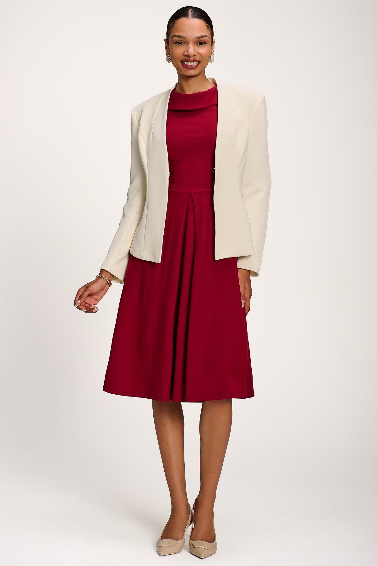 Roll Neck ¾ Sleeve Midi Dress Full Length View