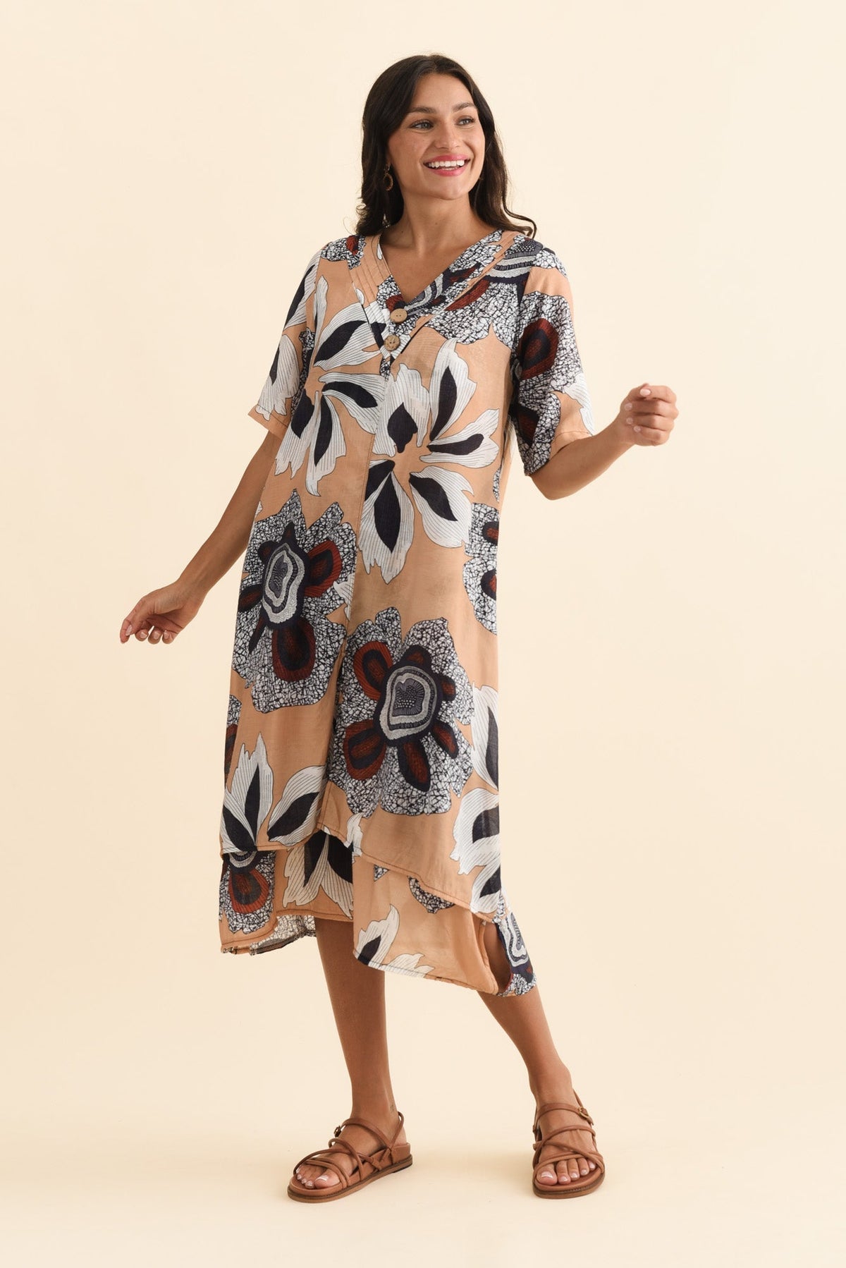 Nala Beige Flower Layers Dress Front View