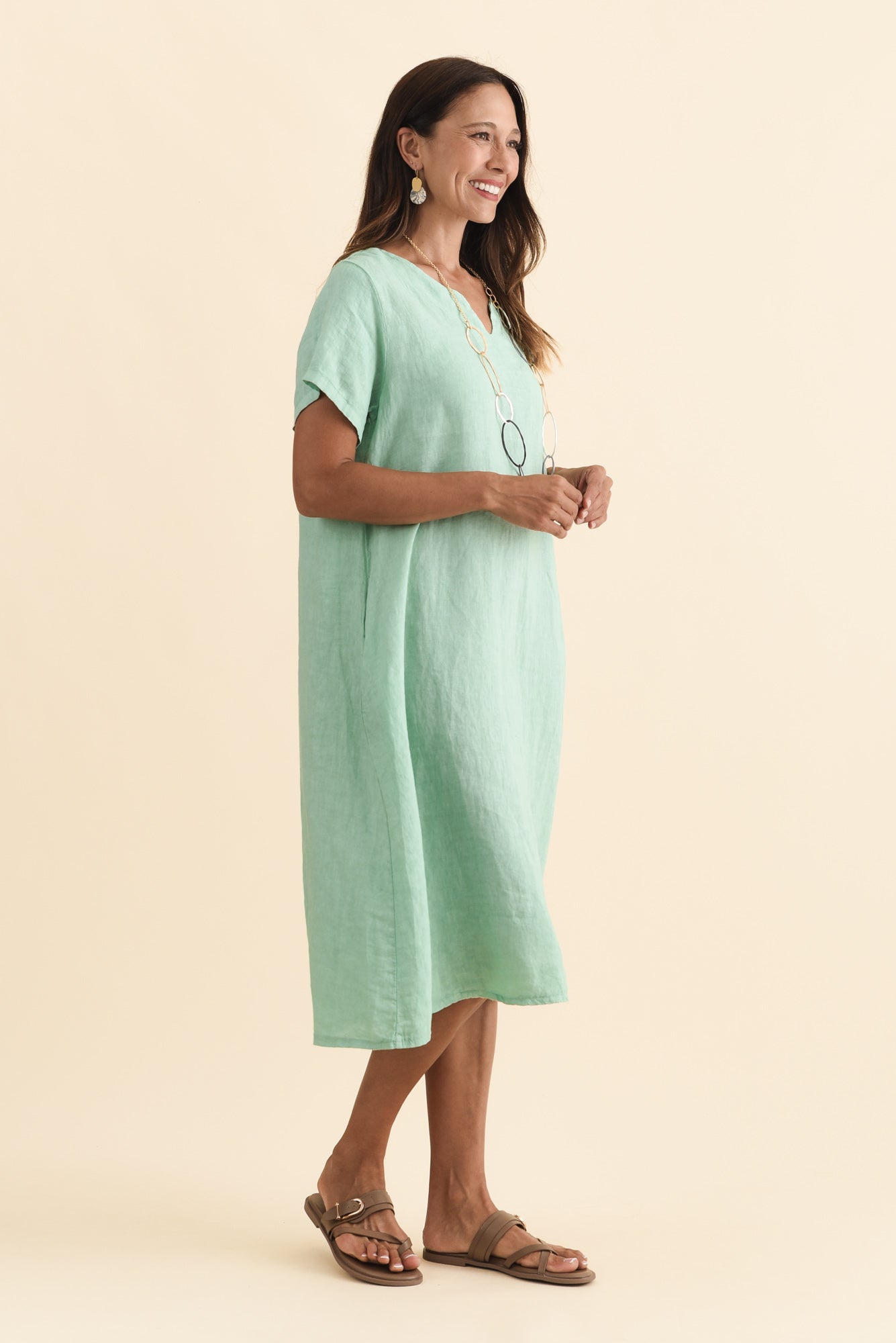 Nara Aqua Linen Pocket Dress Back View