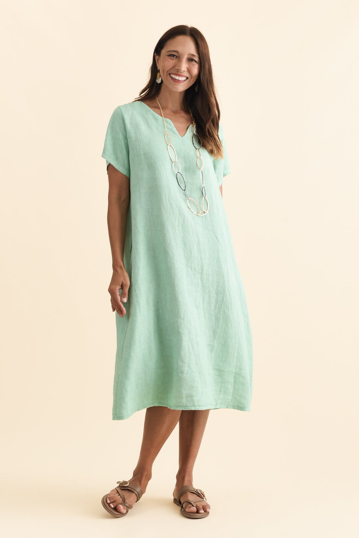 Nara Aqua Linen Pocket Dress Full Length View