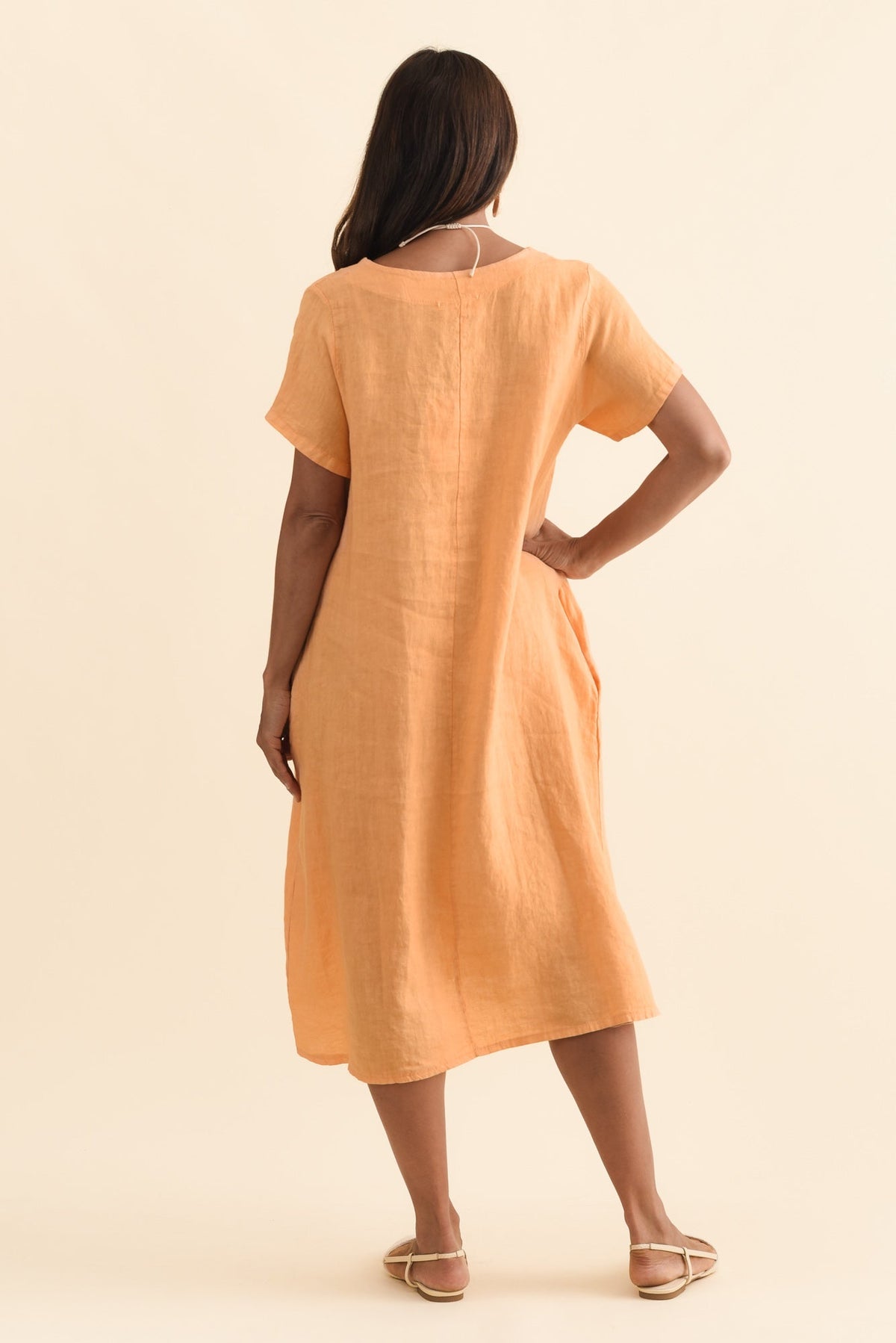 Nara Peach Linen Pocket Dress Side View