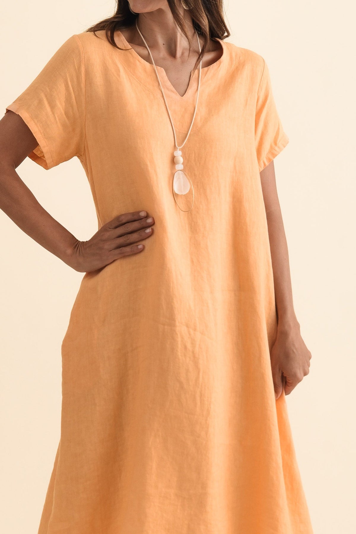 Nara Peach Linen Pocket Dress Detail View