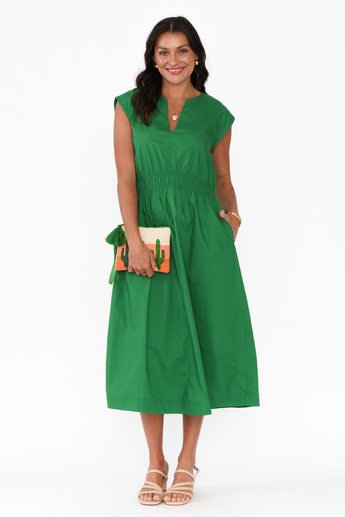 Nelly Green Cotton Midi Dress Front View 2