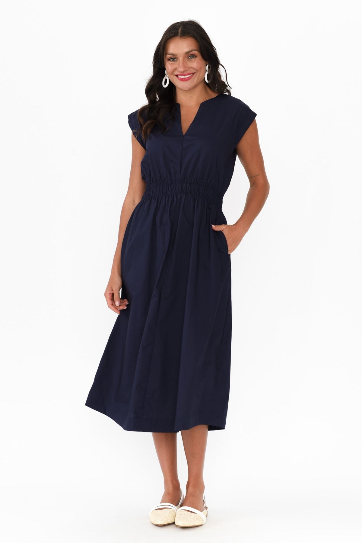 Nelly Navy Cotton Midi Dress Full Length View