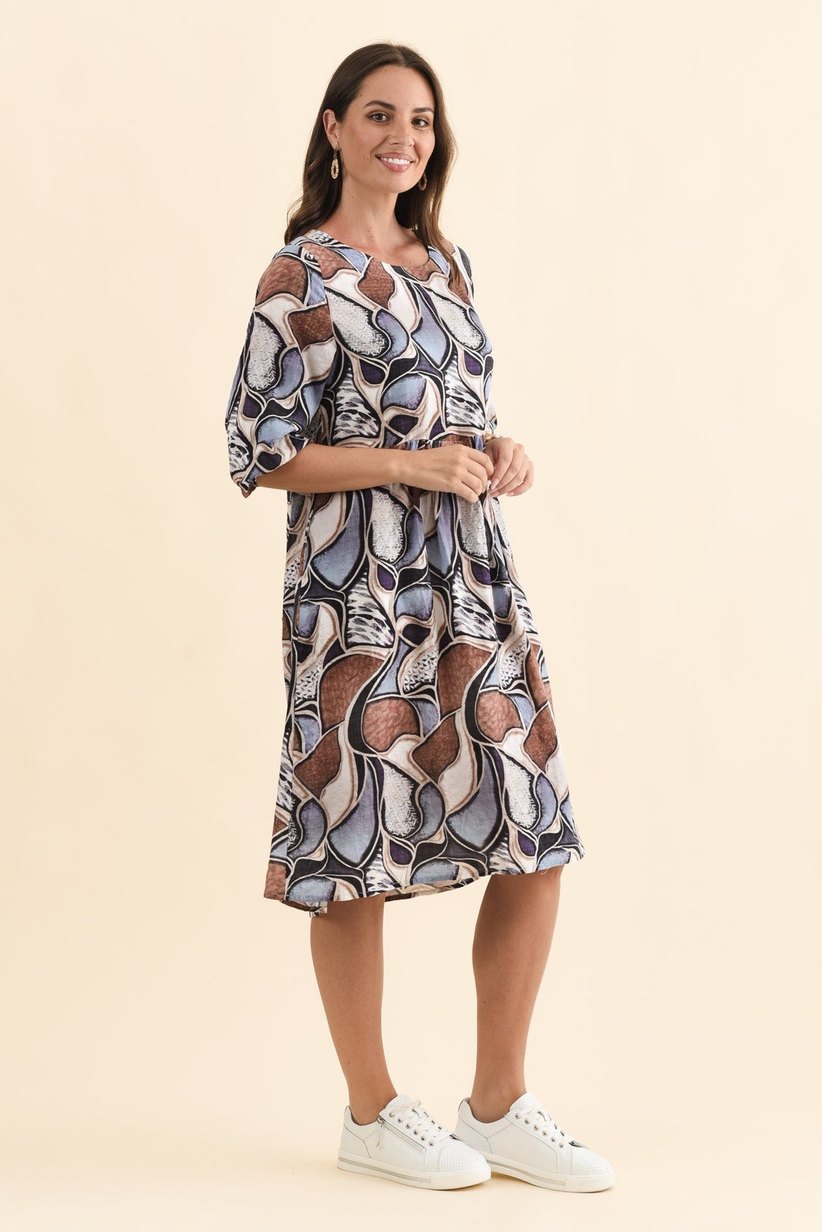 Nicolette Blue Abstract Cotton Blend Sleeved Dress Back View