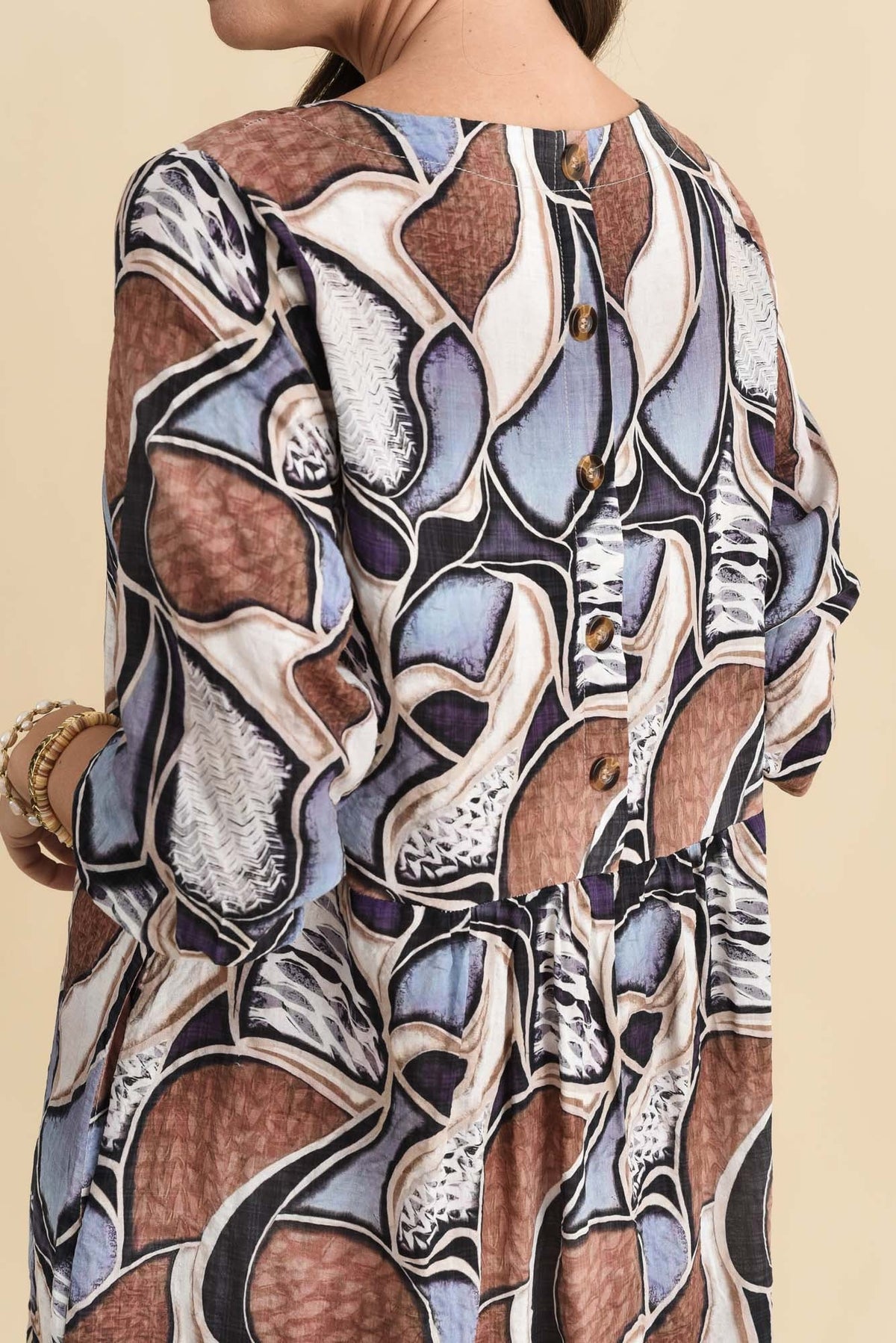 Nicolette Blue Abstract Cotton Blend Sleeved Dress Detail View