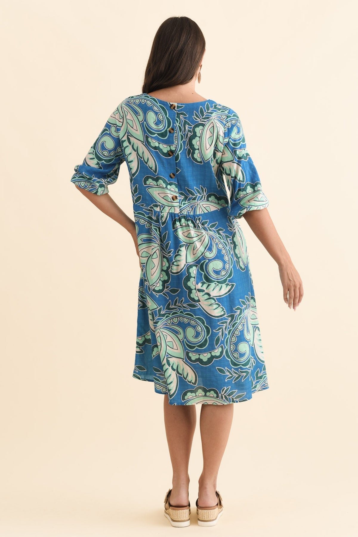 Nicolette Blue Paisley Cotton Blend Sleeved Dress Side View