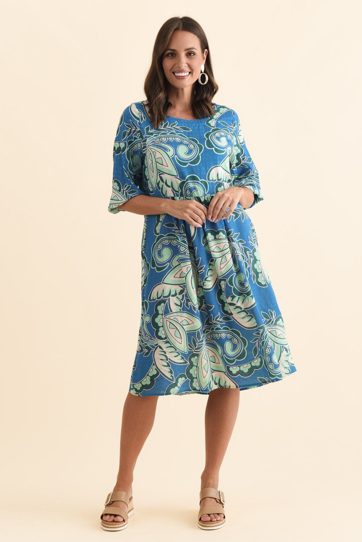 Nicolette Blue Paisley Cotton Blend Sleeved Dress Full Length View