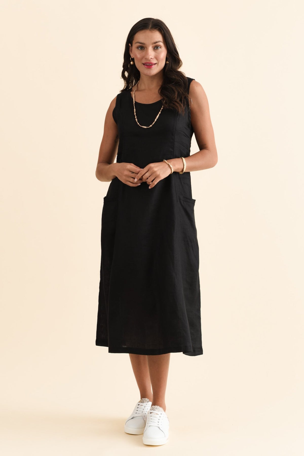 Noah Black Linen Pocket Dress Full Length View