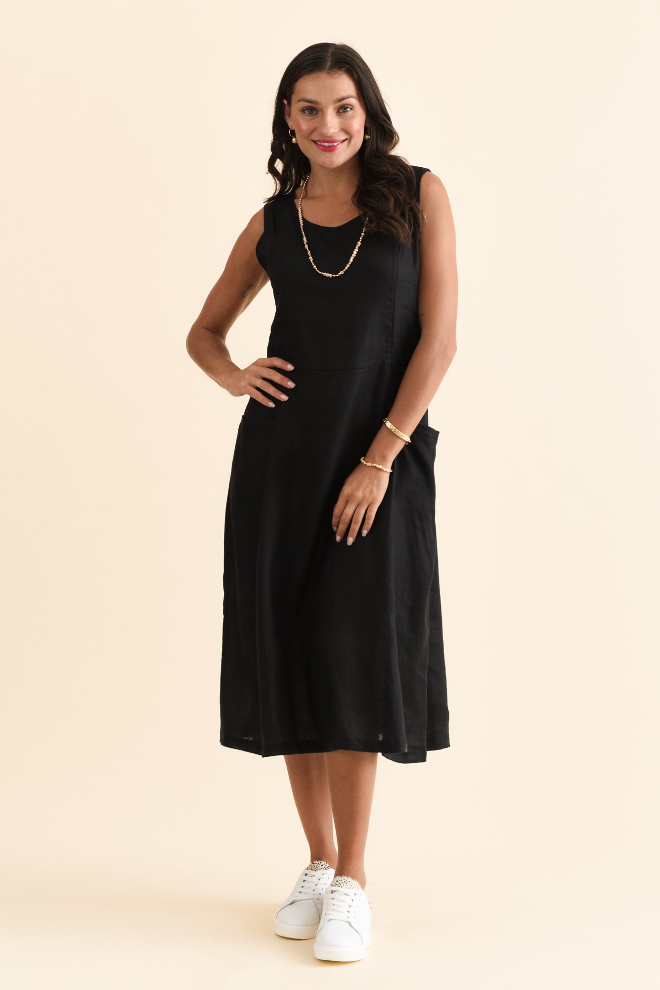 Noah Black Linen Pocket Dress Front View