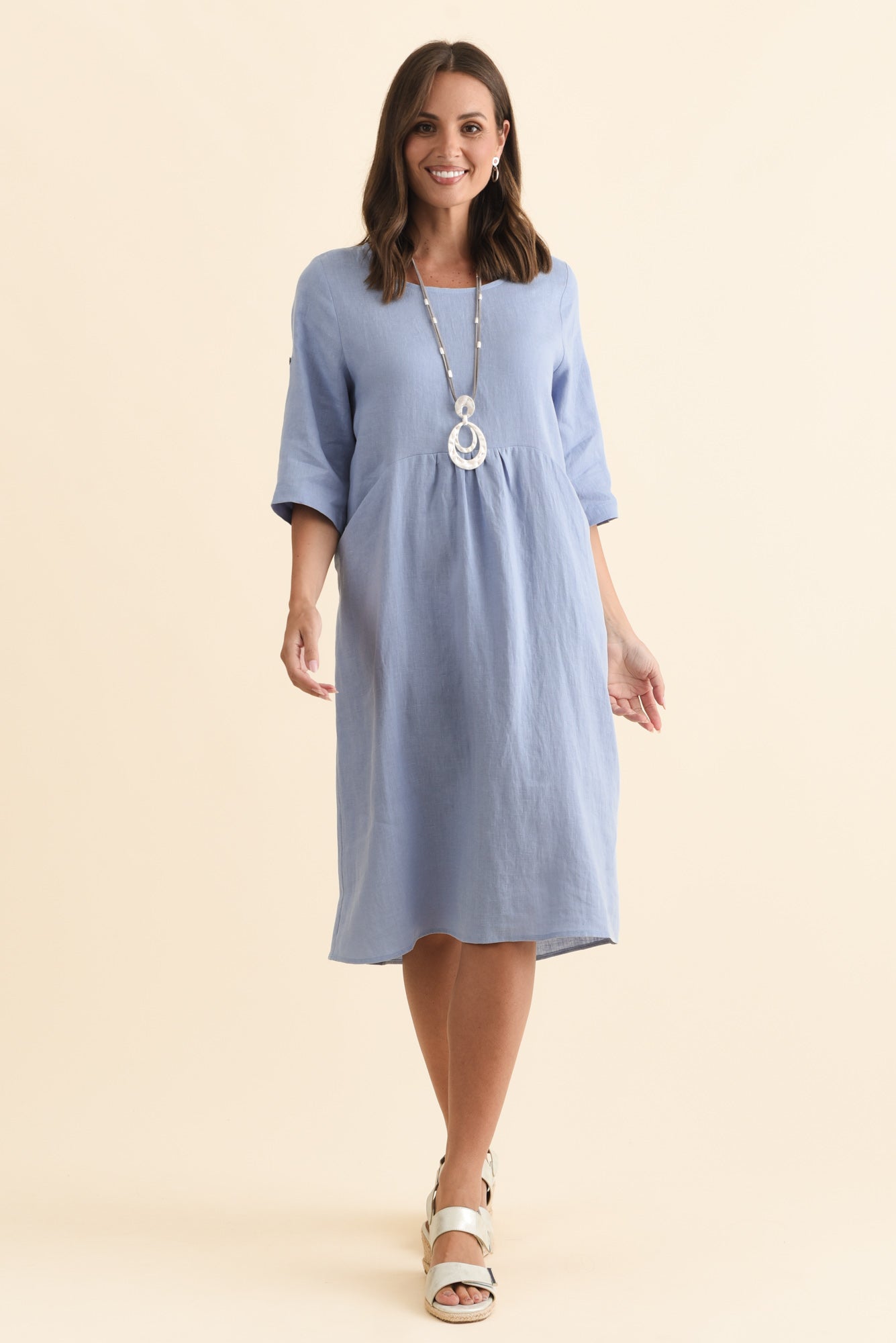 Nolita Blue Linen Pocket Dress Front View