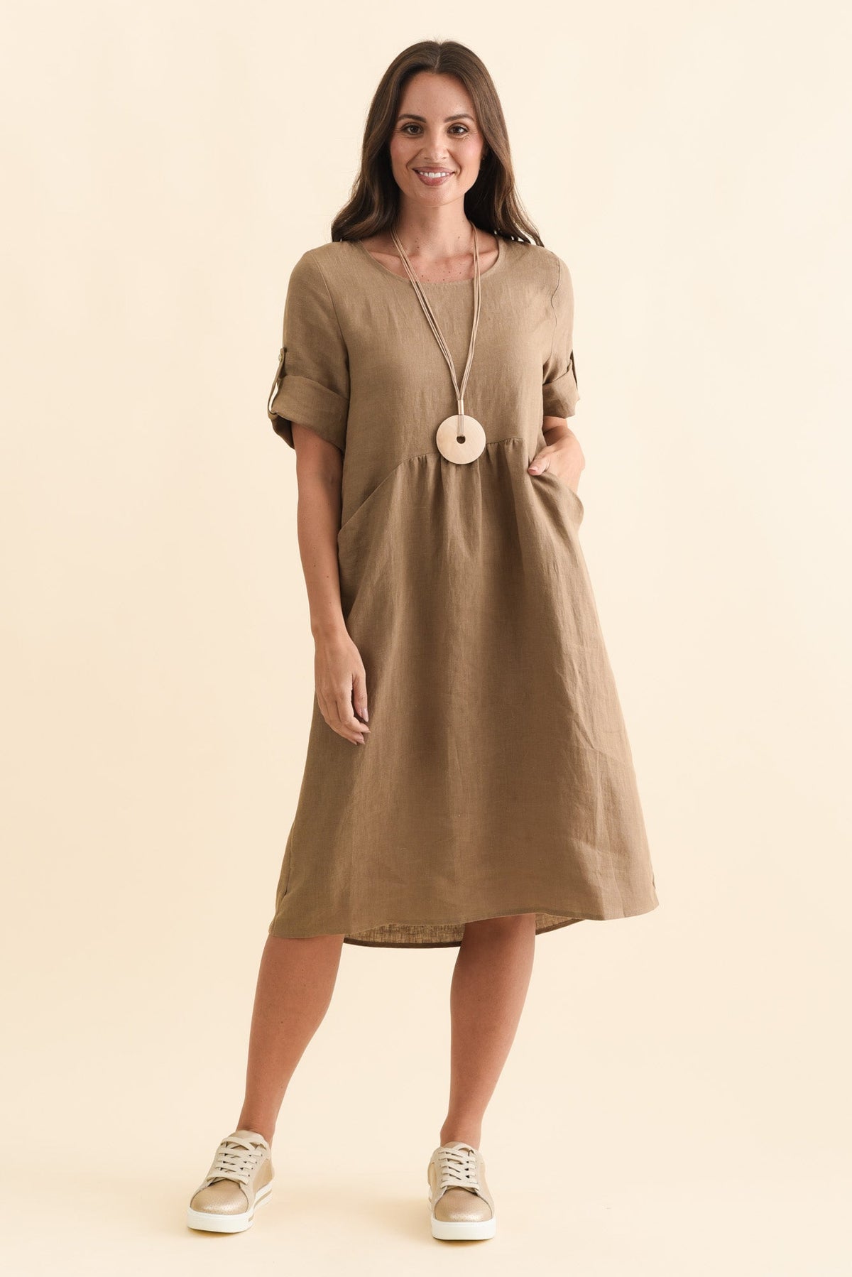 Nolita Chocolate Linen Pocket Dress Full Length View