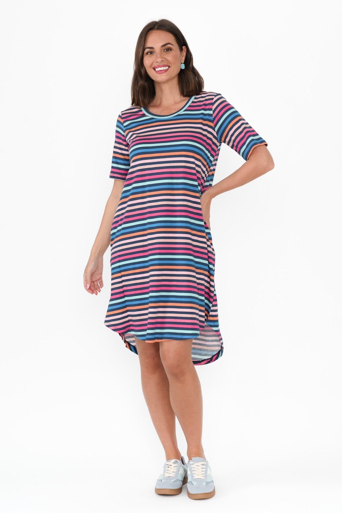 Nyree Blue Stripe Hi Lo Cotton Dress Front View