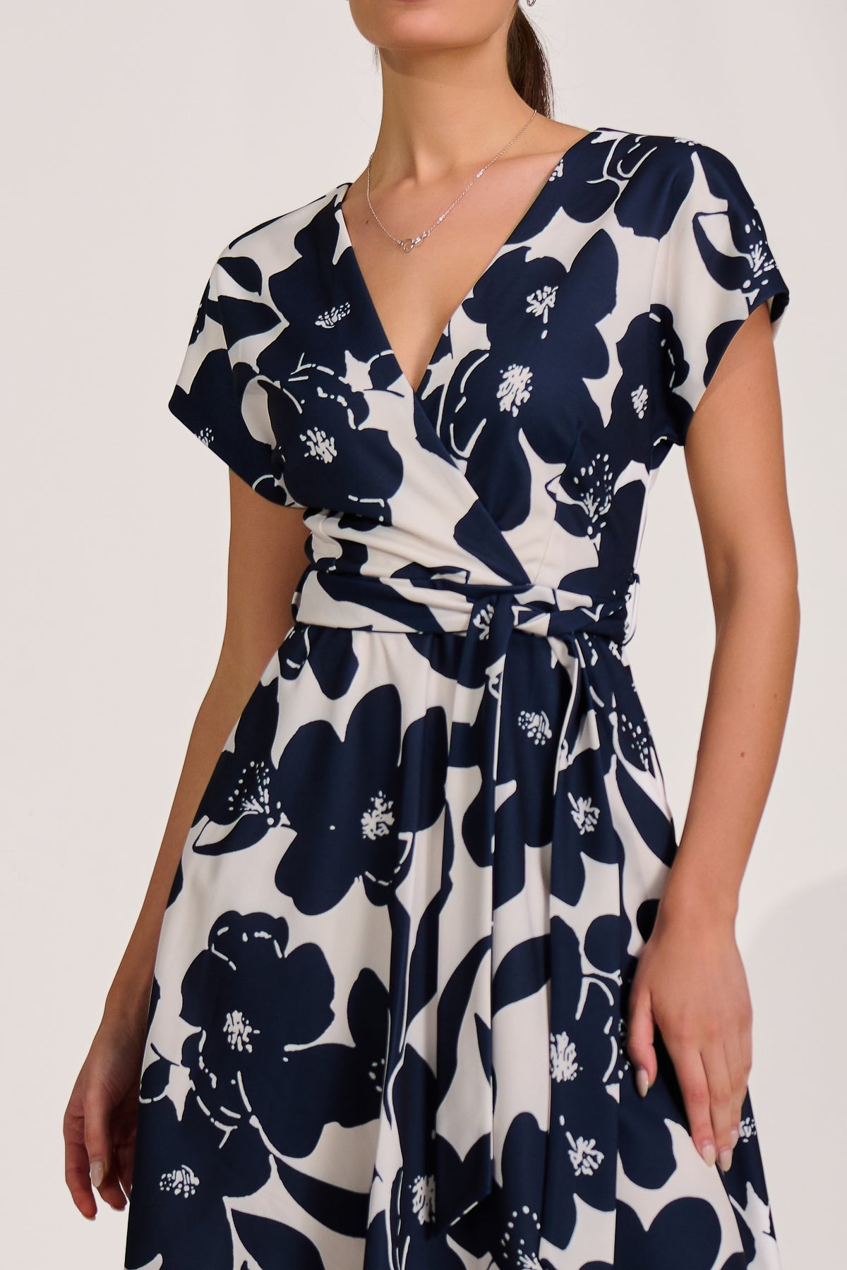 V Neck Print Scuba Midi Dress cream floral Styled View