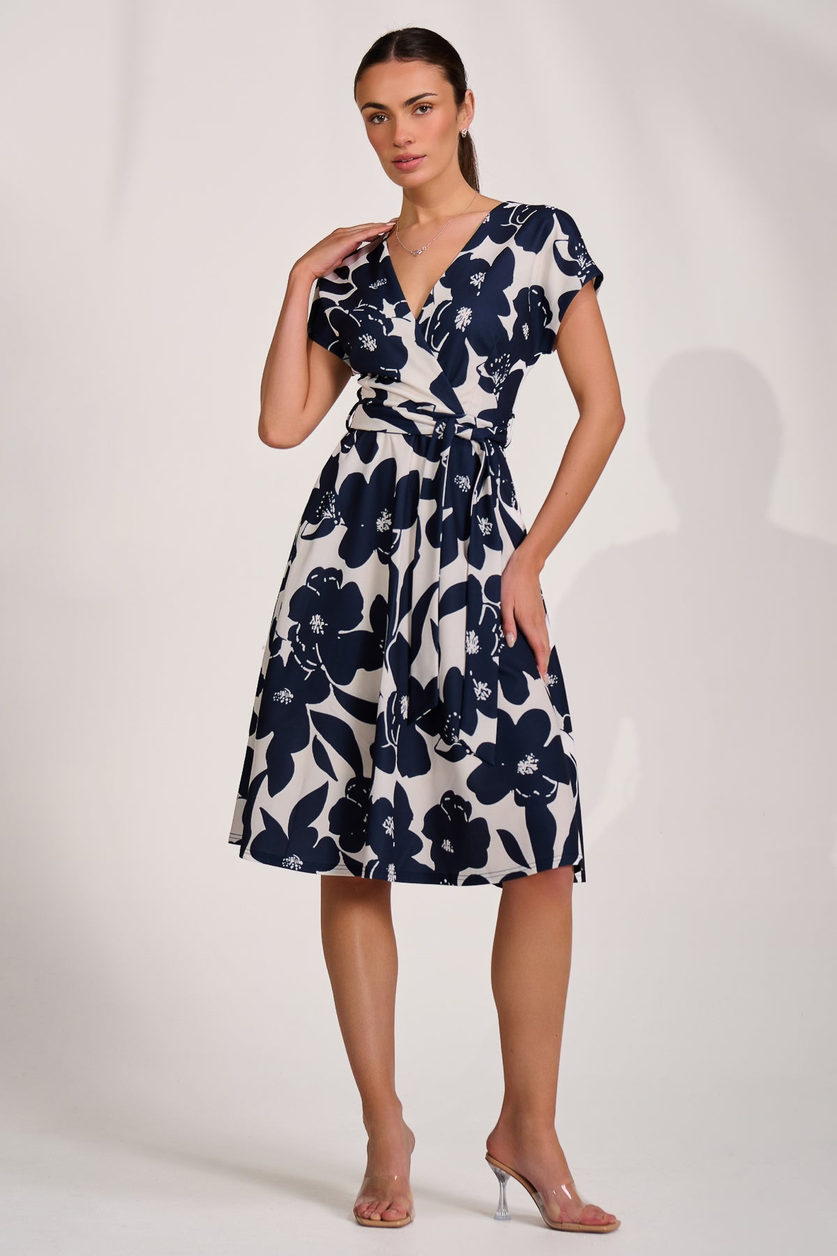 V Neck Print Scuba Midi Dress cream floral Side View