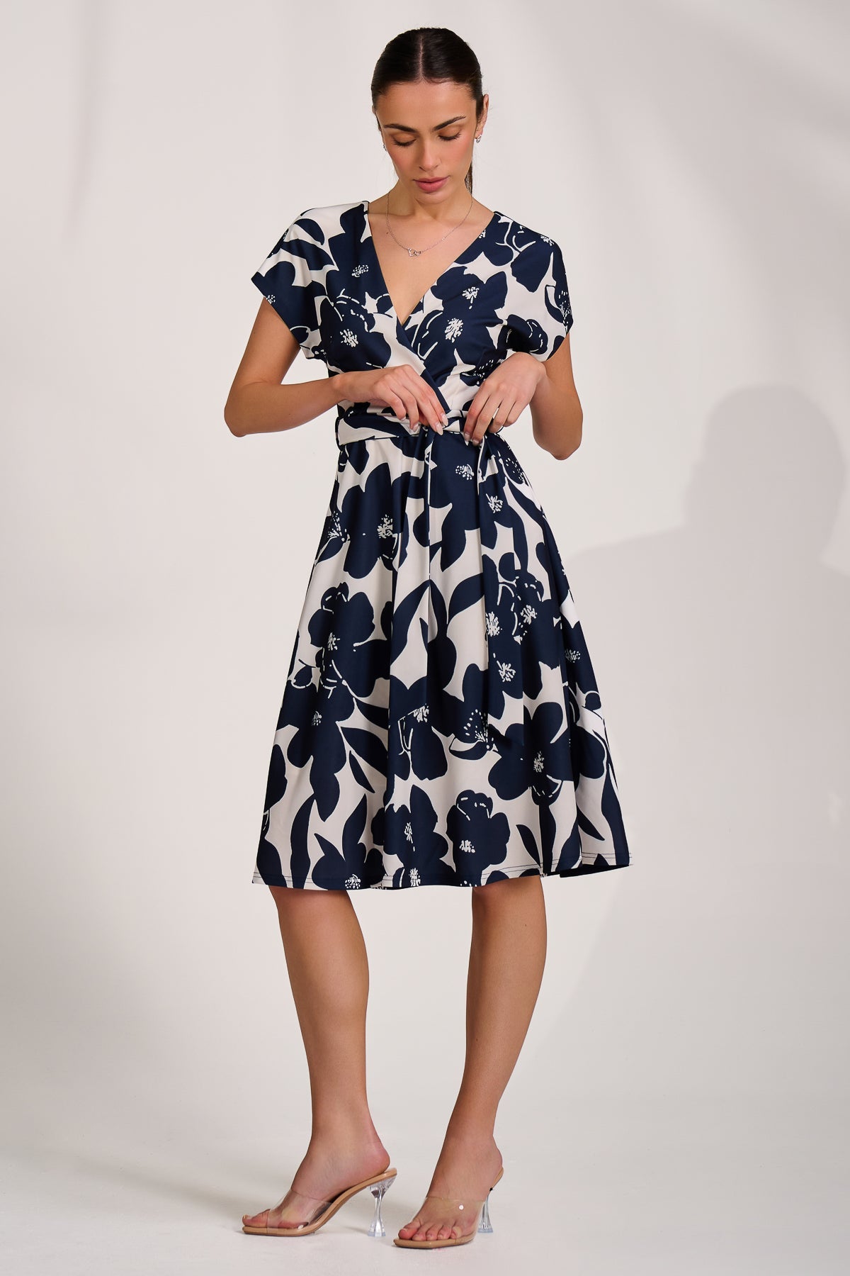 V Neck Print Scuba Midi Dress cream floral Detail View