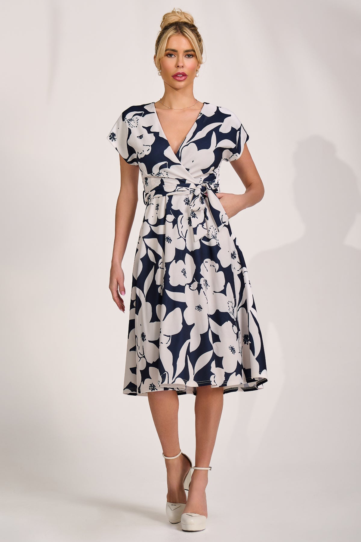 V Neck Print Scuba Midi Dress Full Length View